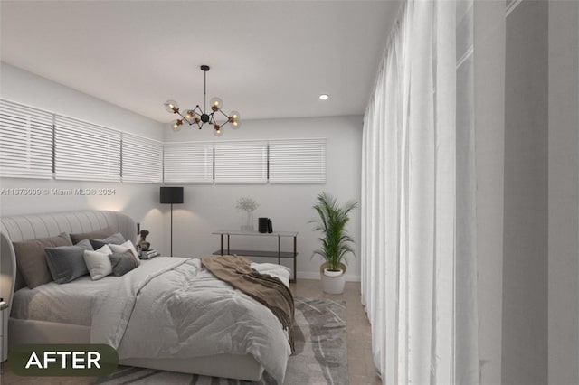 bedroom featuring an inviting chandelier