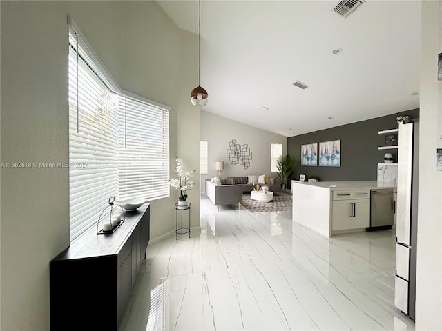 living room with vaulted ceiling