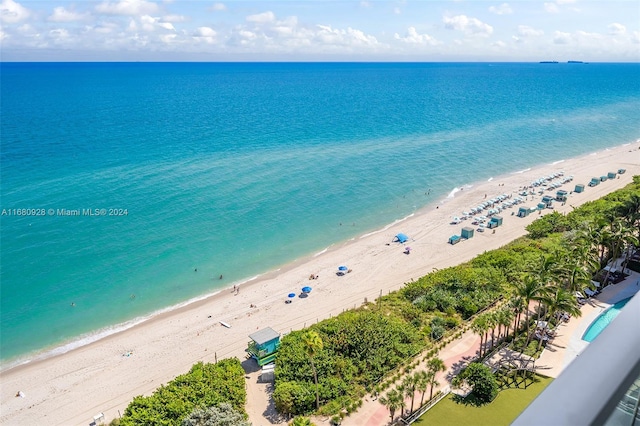 bird's eye view with a view of the beach and a water view