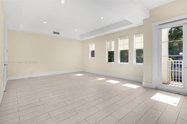 spare room featuring a raised ceiling and light hardwood / wood-style flooring