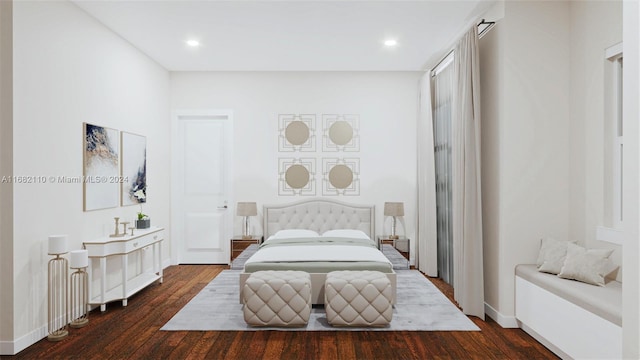 bedroom with dark hardwood / wood-style floors