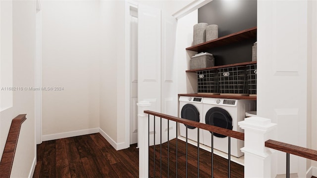 washroom with separate washer and dryer and dark wood-type flooring