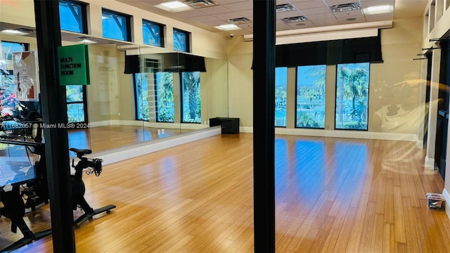 workout area featuring wood-type flooring and a drop ceiling