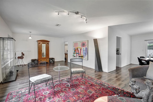 living room featuring dark wood-type flooring and rail lighting