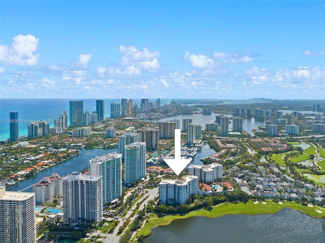 aerial view featuring a water view