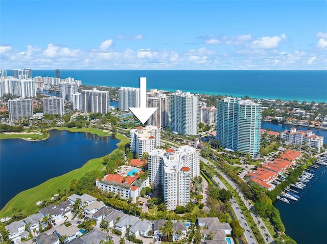 bird's eye view with a water view