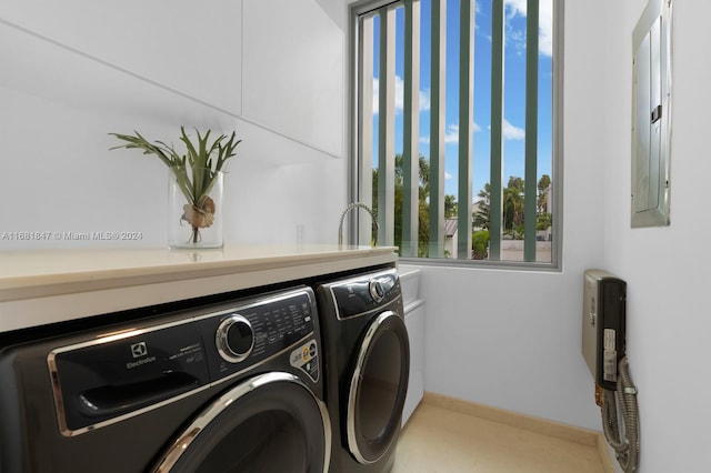 laundry room featuring electric panel and washer and clothes dryer