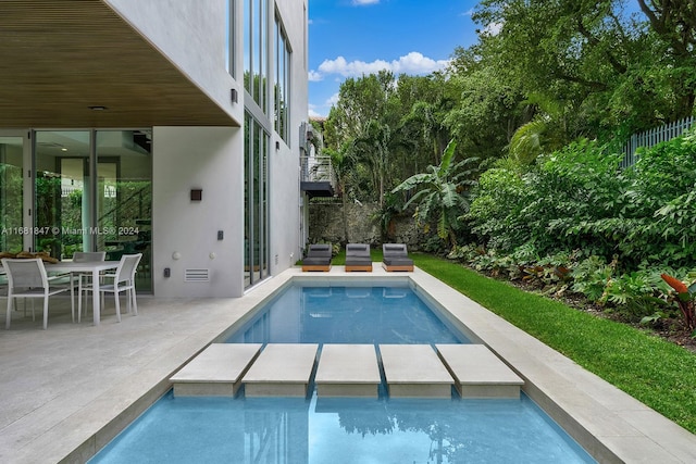 view of swimming pool featuring a patio area