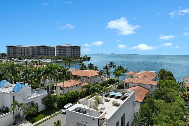 birds eye view of property featuring a water view