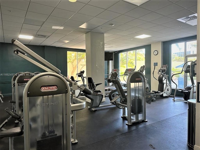 gym featuring a healthy amount of sunlight and a drop ceiling