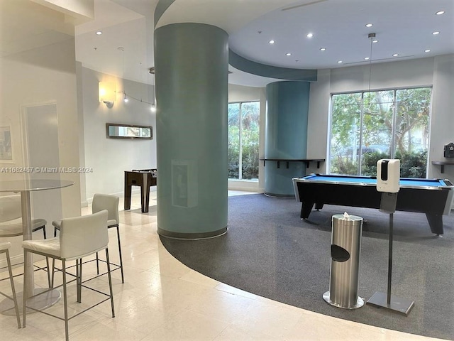 playroom with light tile patterned floors, recessed lighting, and pool table