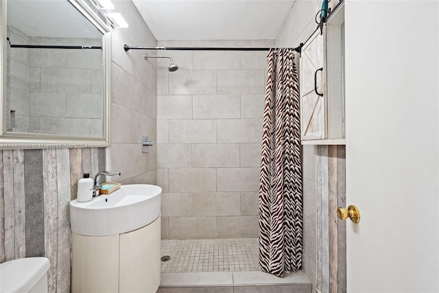 bathroom with vanity, walk in shower, and toilet