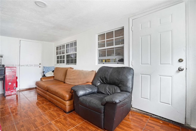 living room with a textured ceiling