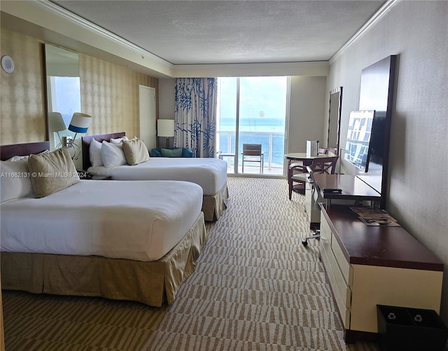 carpeted bedroom with crown molding, a textured ceiling, and access to exterior