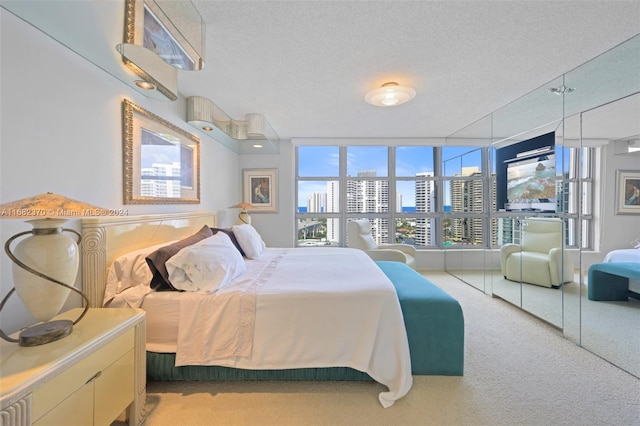 carpeted bedroom with a textured ceiling