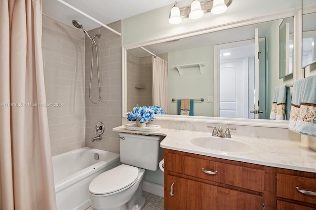 full bathroom with vanity, shower / bath combo with shower curtain, toilet, and tile patterned floors