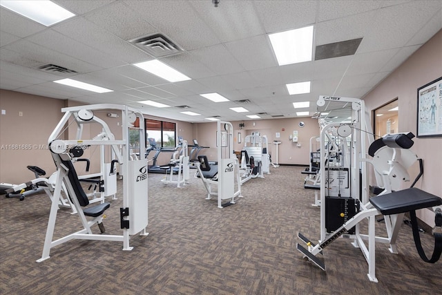 workout area with a paneled ceiling and carpet