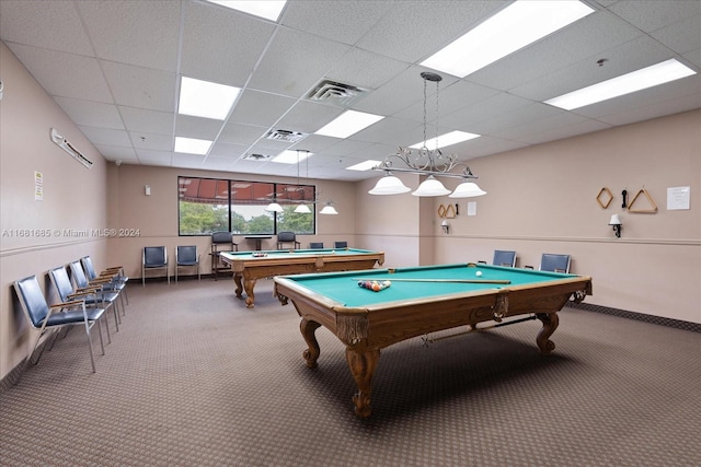 recreation room featuring carpet flooring, a drop ceiling, and pool table