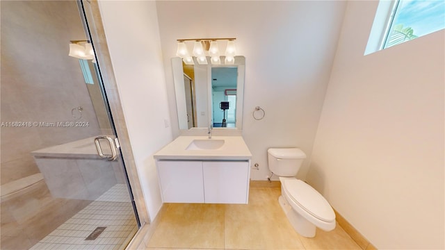 bathroom with vanity, toilet, wood-type flooring, and a shower with door