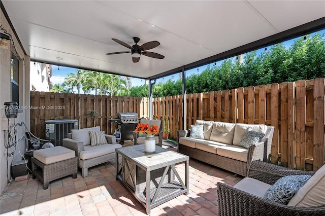 view of patio / terrace with outdoor lounge area, ceiling fan, cooling unit, and area for grilling