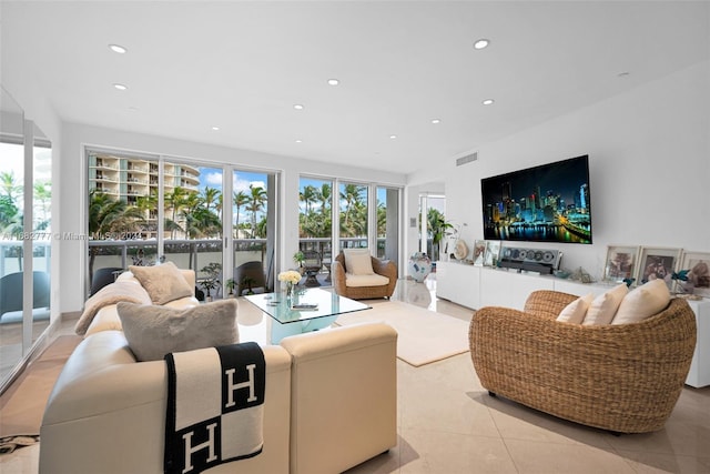 living room featuring light tile patterned floors