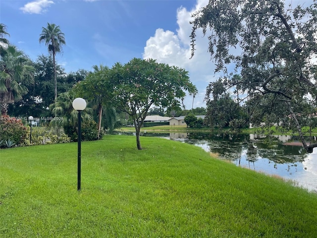 view of community with a water view and a lawn