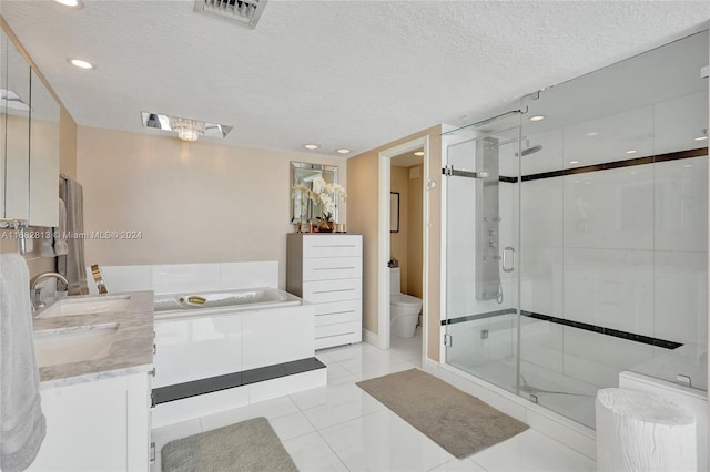 full bathroom with vanity, independent shower and bath, a textured ceiling, and toilet