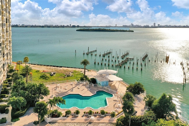 aerial view featuring a water view