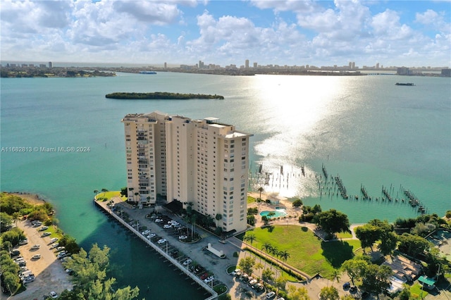 drone / aerial view featuring a water view