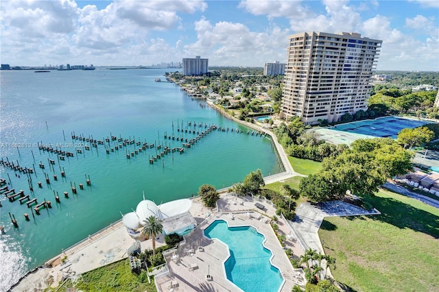 drone / aerial view featuring a water view