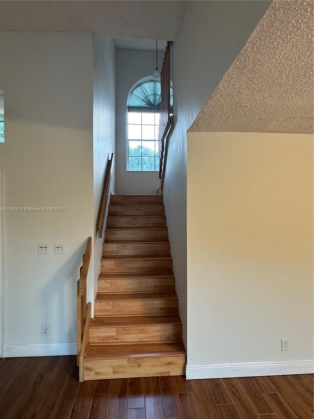 staircase with hardwood / wood-style flooring