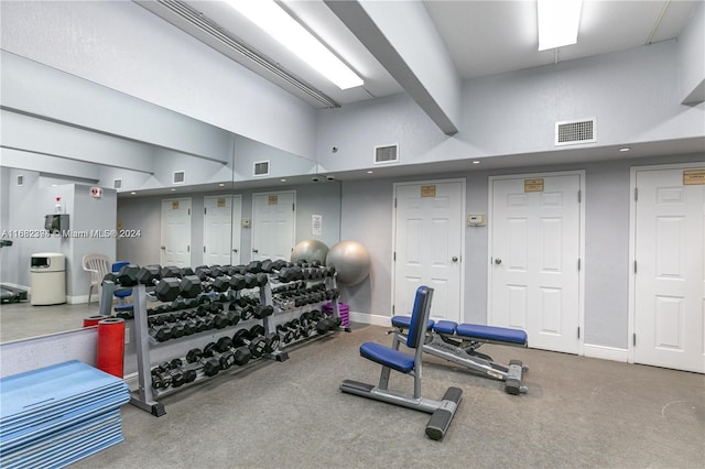 exercise room featuring a high ceiling