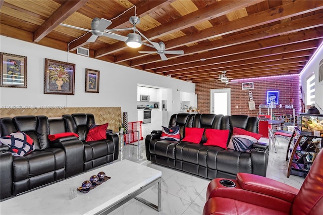 home theater room featuring beam ceiling, brick wall, wood ceiling, and ceiling fan