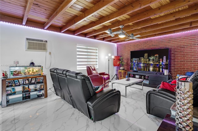 living room with beamed ceiling, wood ceiling, a wall mounted air conditioner, and ceiling fan