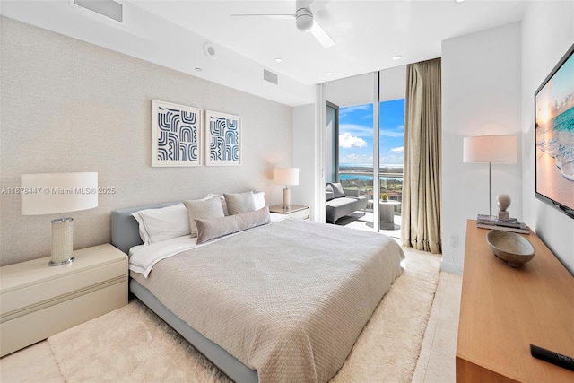 100 S Pointe Dr Unit 3402, Miami Beach, FL 33139 - bedroom with access to outside, floor to ceiling windows, a ceiling fan, and recessed lighting