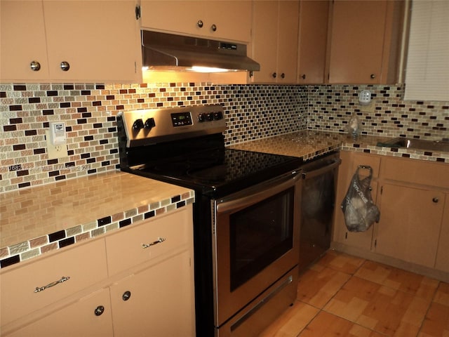 kitchen with dishwasher, decorative backsplash, and stainless steel range with electric cooktop