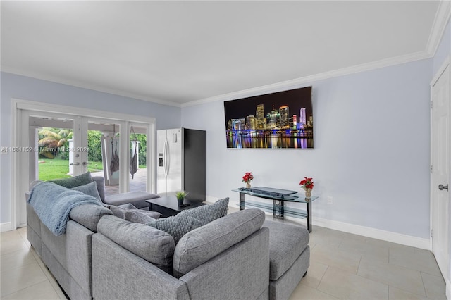 living room featuring french doors, crown molding, and light tile patterned flooring