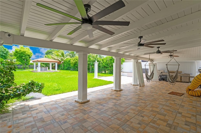 view of patio with a gazebo and ceiling fan