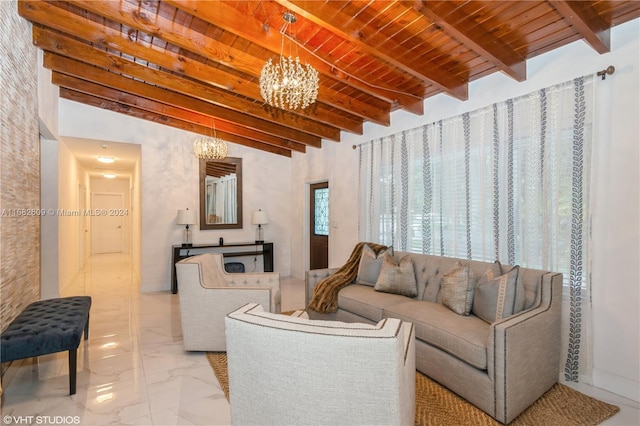 8135 SW 136th St, Pinecrest, FL 33156 - living area with a chandelier, a wood ceiling with exposed beams, and marble finish floors