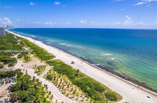 bird's eye view featuring a water view and a beach view