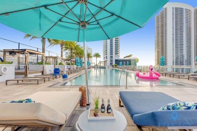 view of pool with a patio and an outdoor hangout area