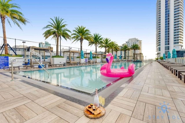 view of swimming pool with a patio area