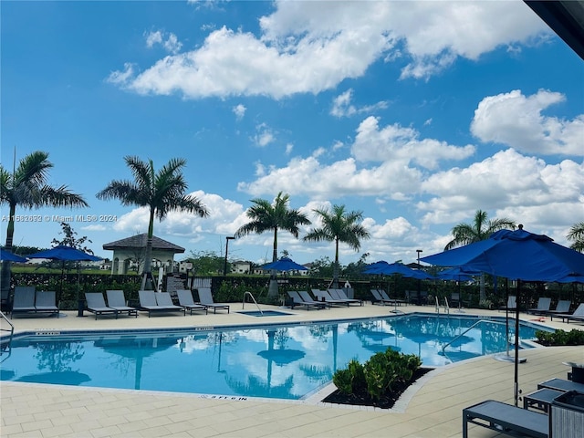 view of swimming pool featuring a patio area