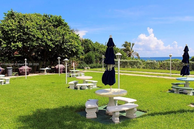 view of community with a water view and a lawn