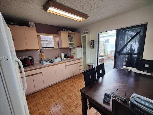 kitchen featuring a healthy amount of sunlight, a textured ceiling, sink, and white refrigerator