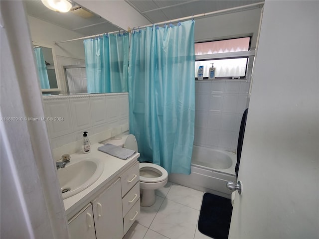 full bathroom with vanity, toilet, and shower / bathtub combination with curtain