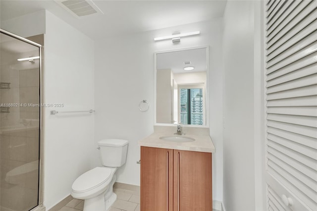 bathroom with walk in shower, tile patterned floors, toilet, and vanity