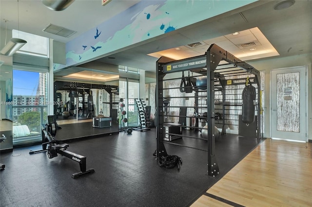 gym with a tray ceiling and hardwood / wood-style floors