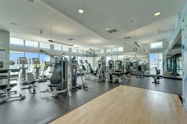 workout area featuring a towering ceiling and wood-type flooring