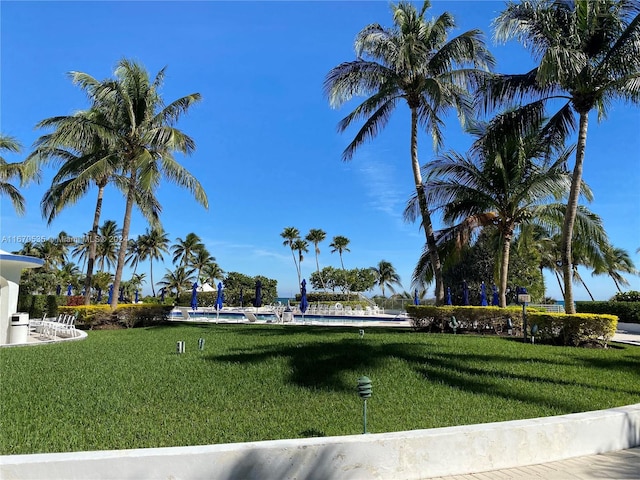 view of home's community featuring a pool and a lawn